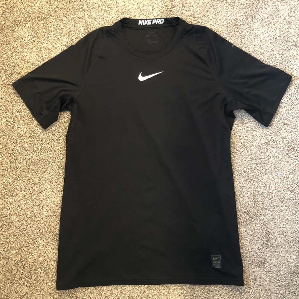 Men's Nike Pro Dri-Fit Tee Black Solid Size Large White Logo Crew Neck Fitted